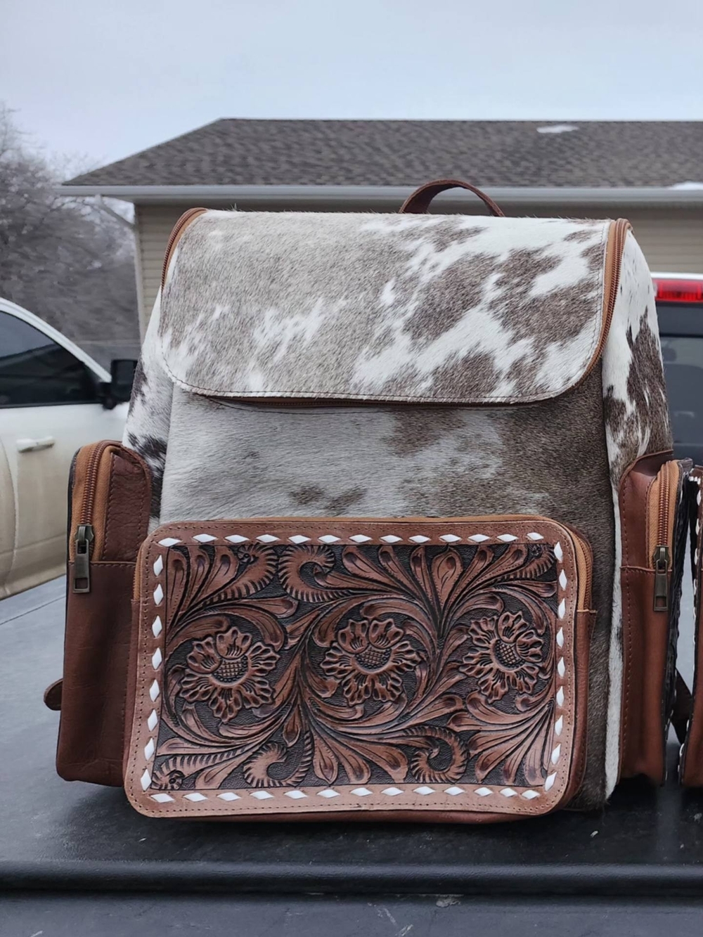 Cowhide & Tooled Leather Backpack - Brown/White